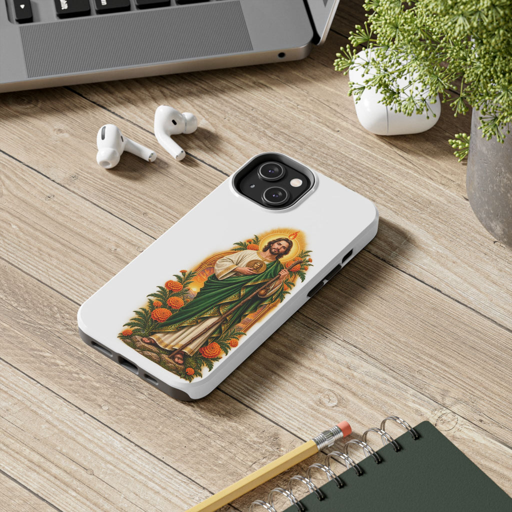 San Judas phone case with marigold sun arch artwork, detail view 15