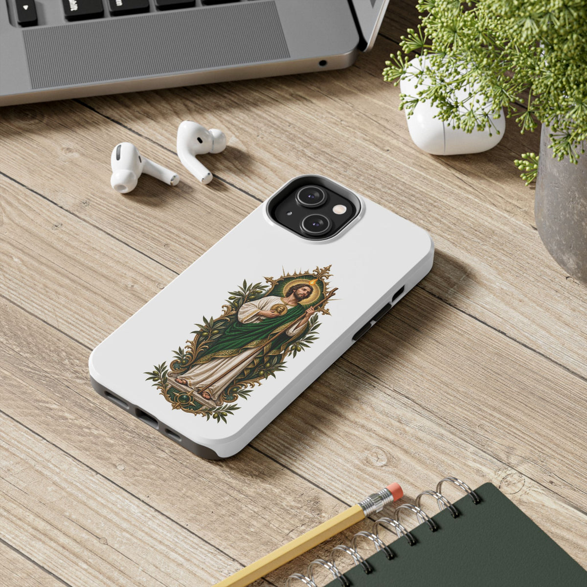 San Judas phone case with olive and antique gold reliquary artwork, detail view 15
