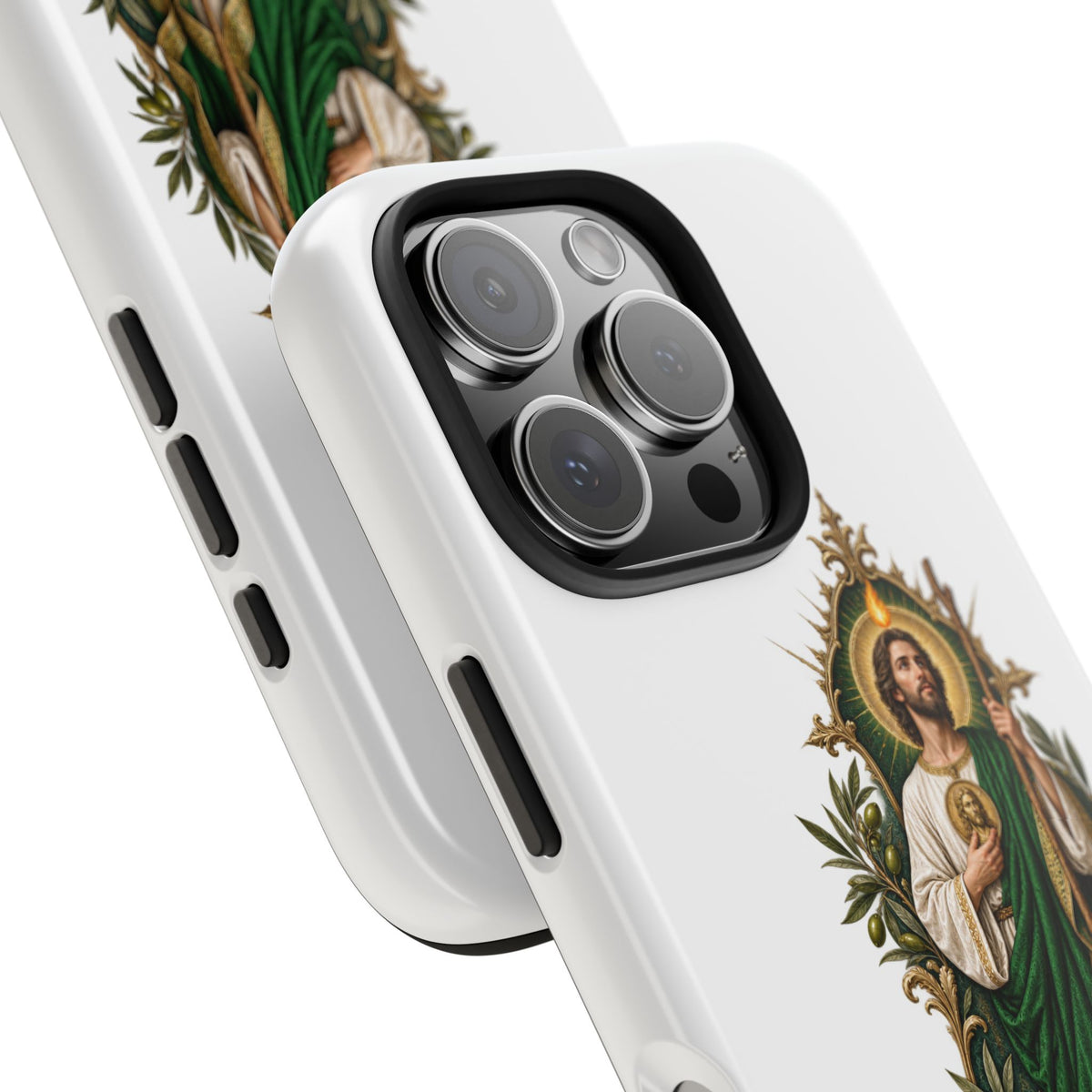 San Judas phone case with olive and antique gold reliquary artwork, detail view 22