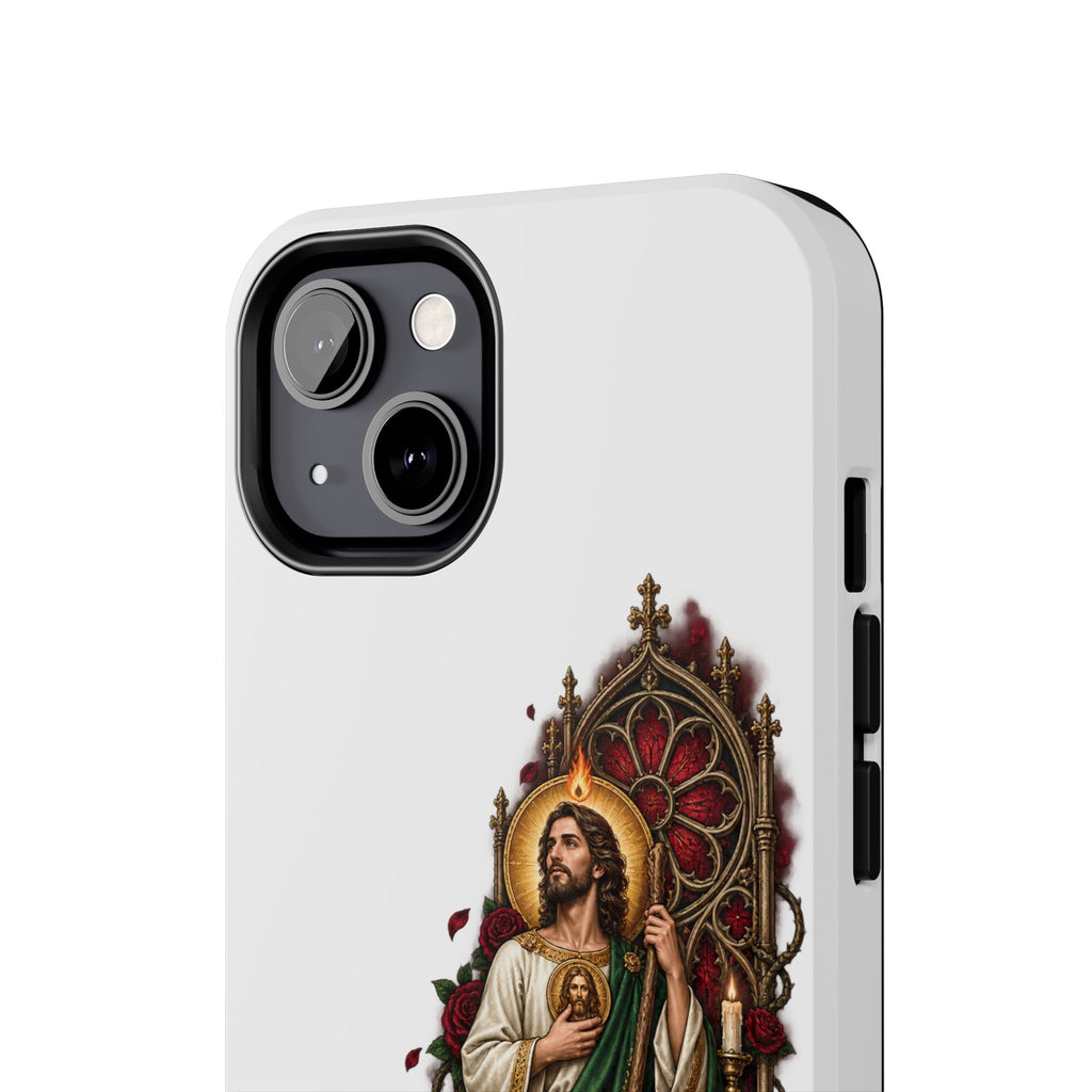 San Judas phone case with crimson rose window artwork, detail view 13