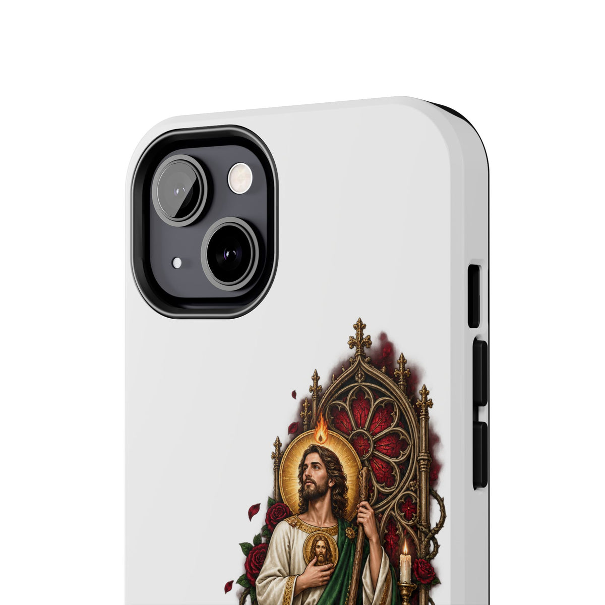 San Judas phone case with crimson rose window artwork, detail view 13