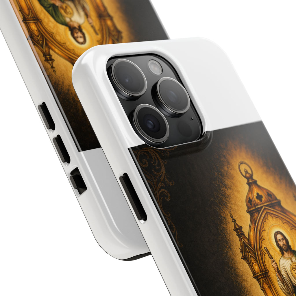 San Judas phone case with amber pilgrim lantern artwork, detail view 19