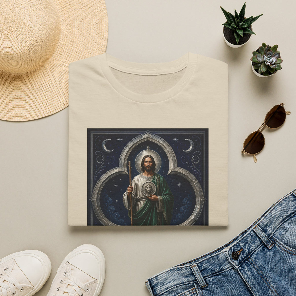 San Judas Tadeo Silver Moon Quatrefoil Unisex T-Shirt