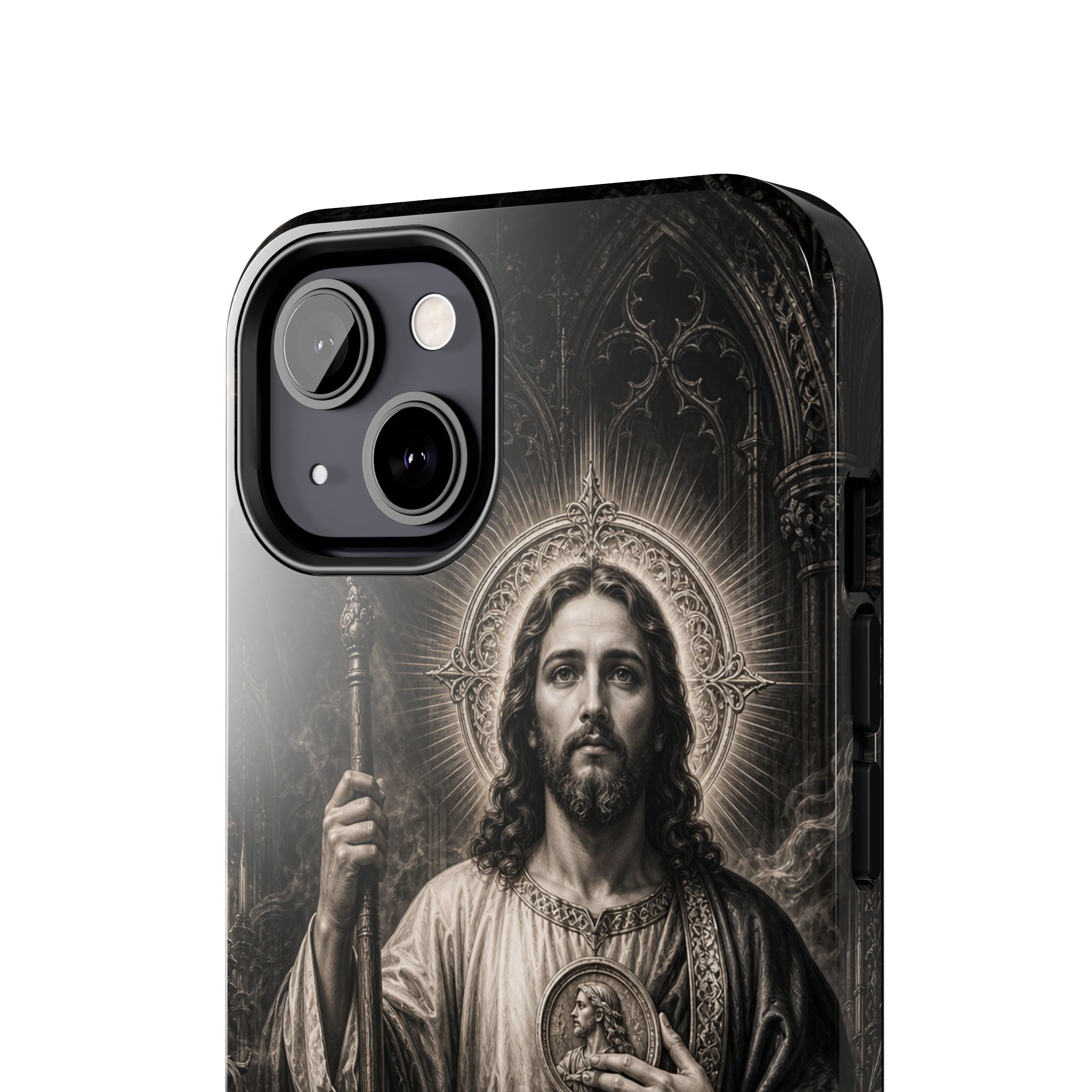 San Judas Tadeo black and grey Gothic cathedral tough iPhone case mockup