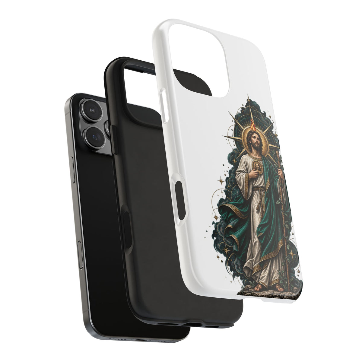 San Judas phone case with midnight blue compass artwork, detail view 25