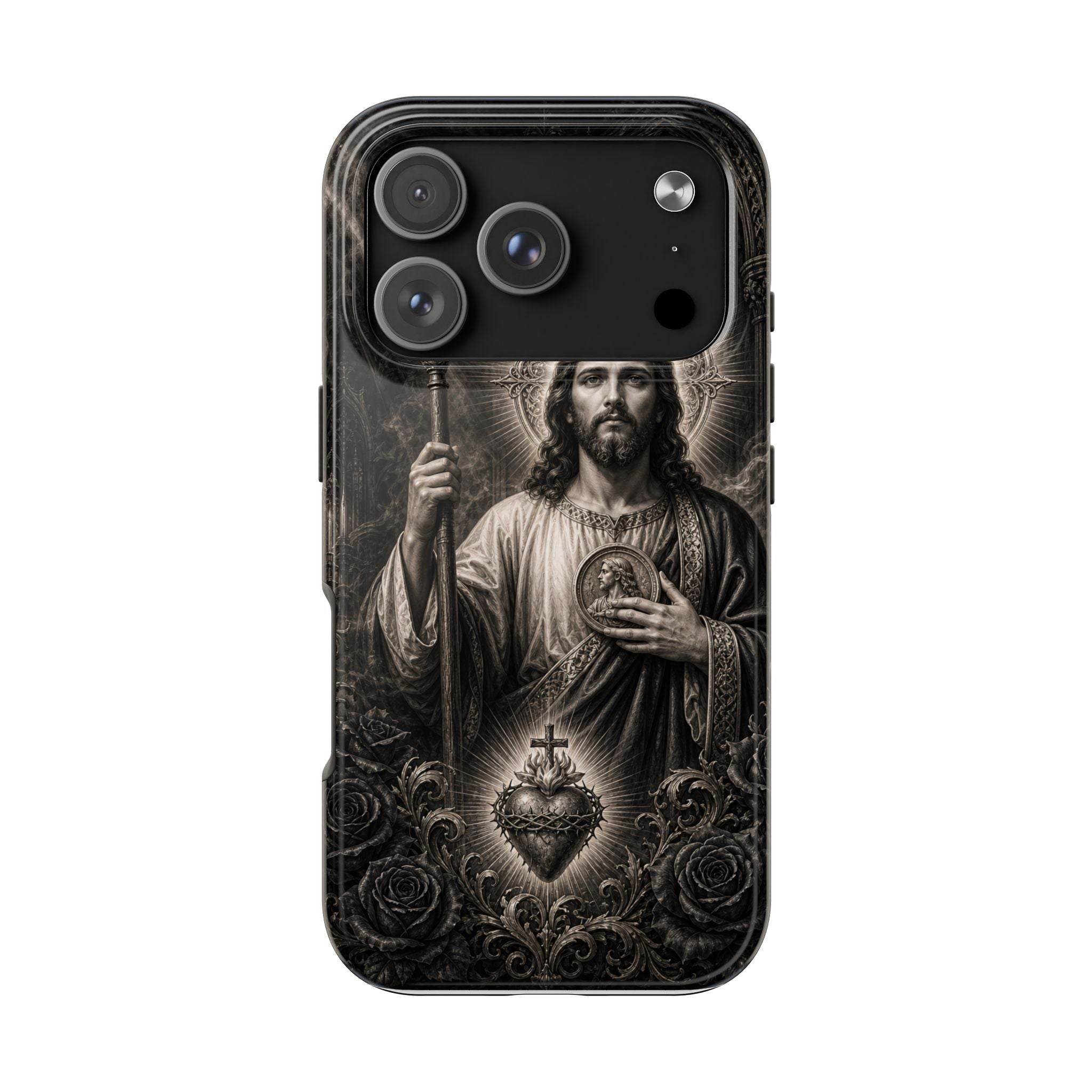 San Judas Tadeo black and grey Gothic cathedral tough iPhone case mockup