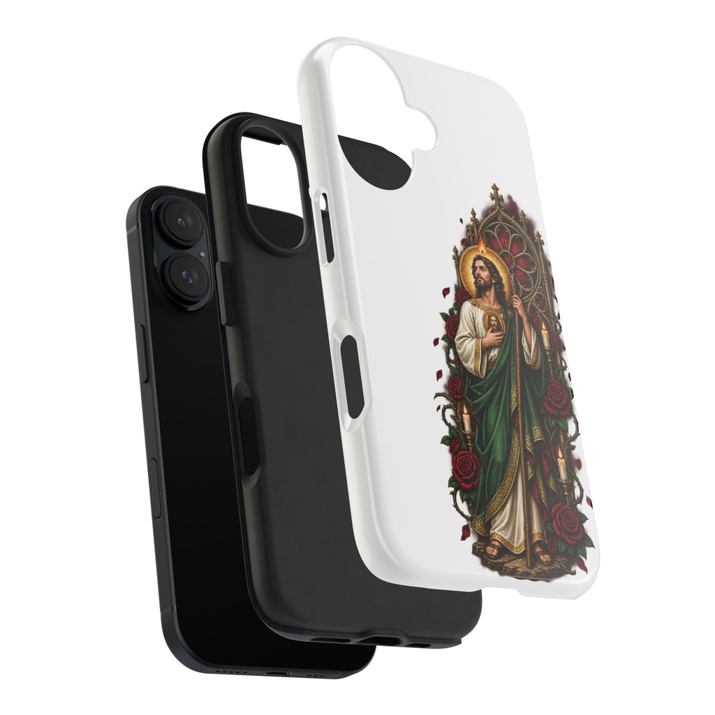 San Judas phone case with crimson rose window artwork, detail view 27
