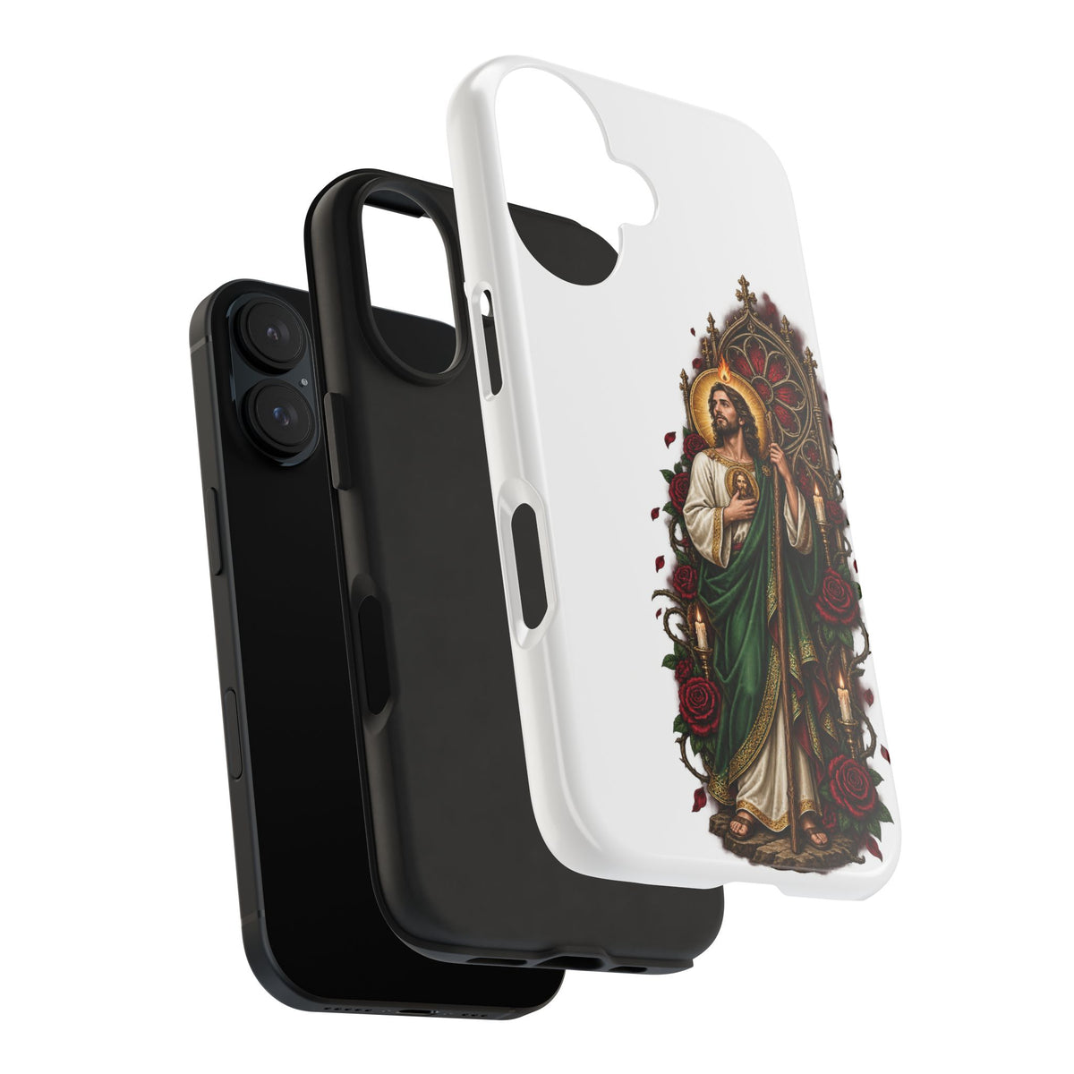 San Judas phone case with crimson rose window artwork, detail view 27