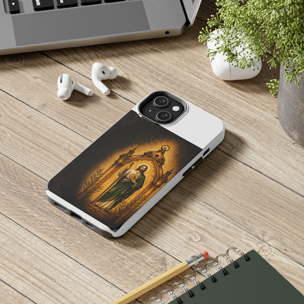San Judas phone case with amber pilgrim lantern artwork, detail view 15