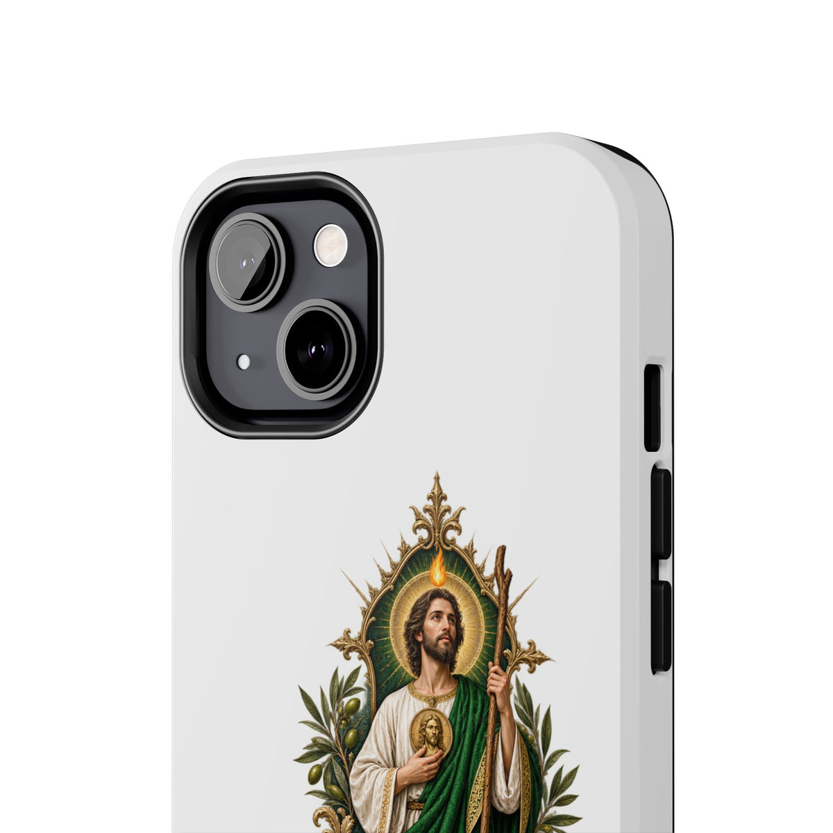 San Judas phone case with olive and antique gold reliquary artwork, detail view 13