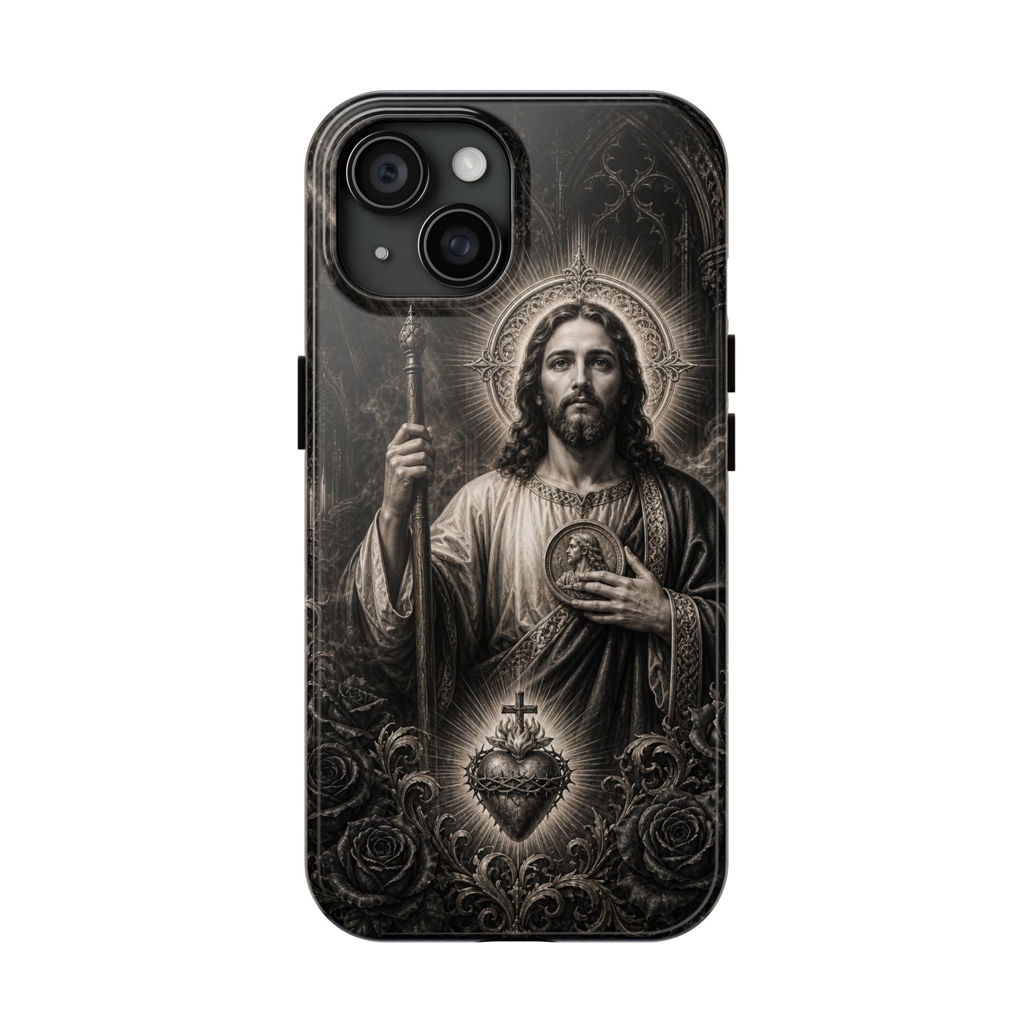 San Judas Tadeo black and grey Gothic cathedral tough iPhone case mockup