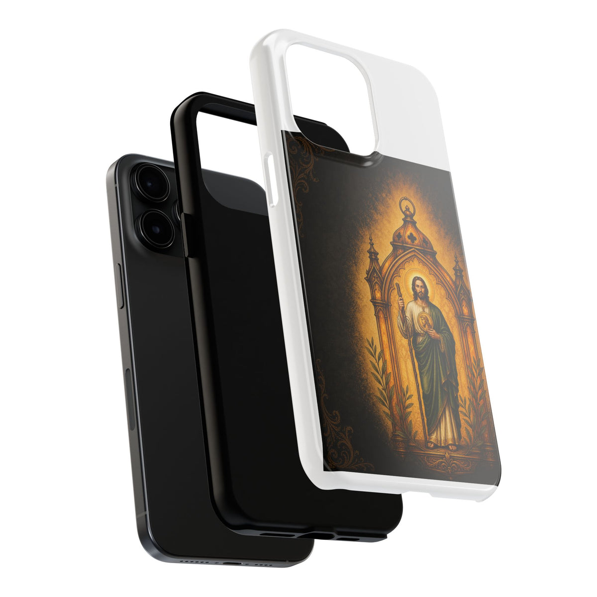 San Judas phone case with amber pilgrim lantern artwork, detail view 21
