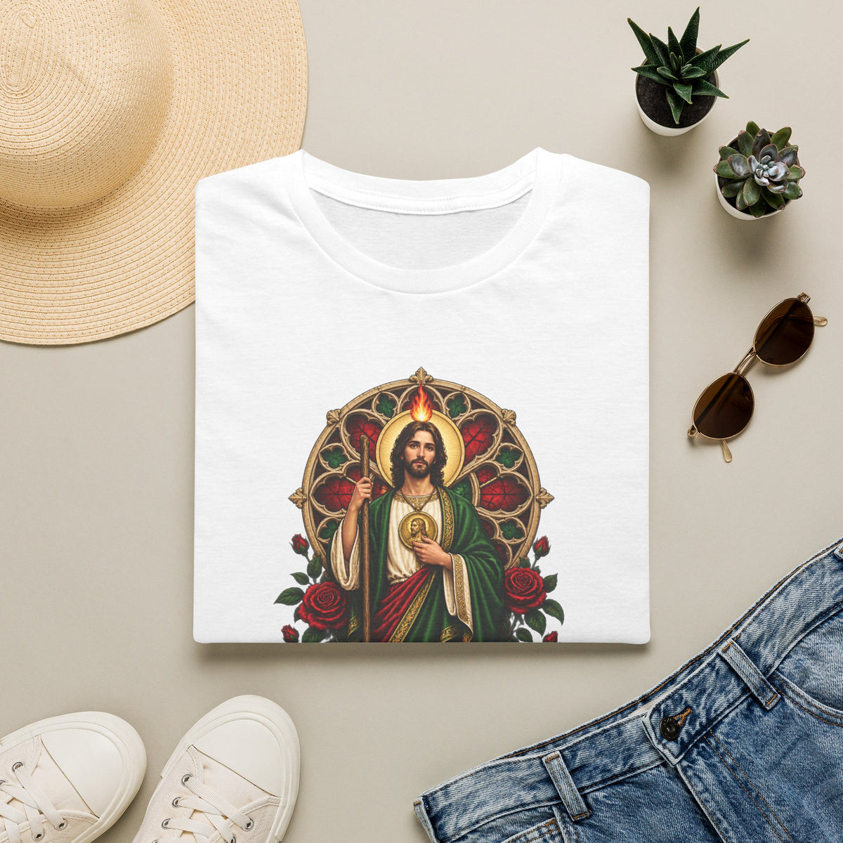 San Judas Tadeo Crimson Rose Window Unisex T-Shirt