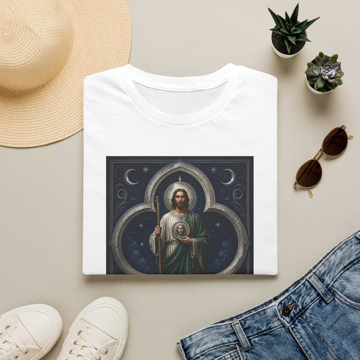San Judas Tadeo Silver Moon Quatrefoil Unisex T-Shirt