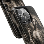 San Judas Tadeo black and grey Gothic cathedral tough iPhone case mockup