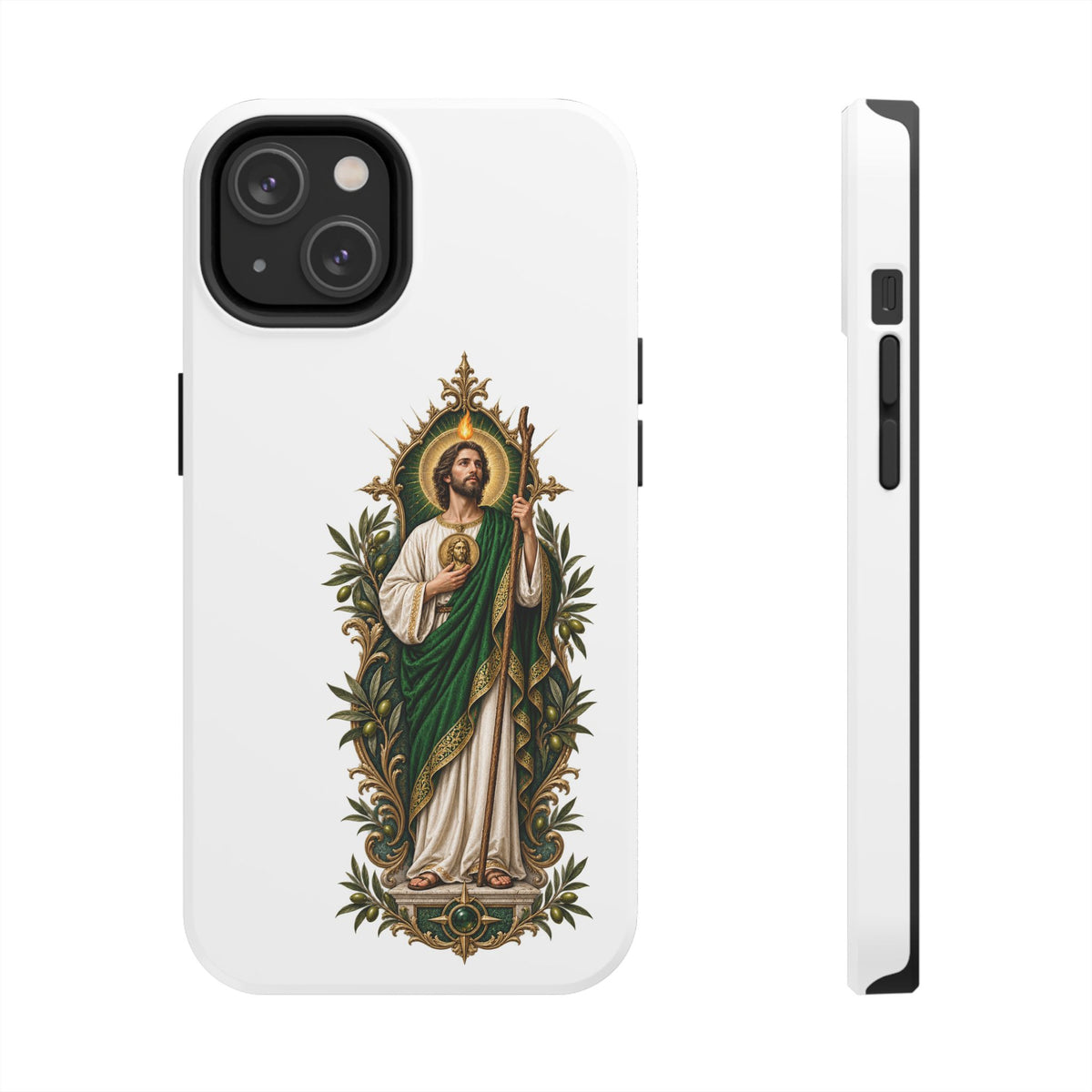 San Judas phone case with olive and antique gold reliquary artwork, detail view 14