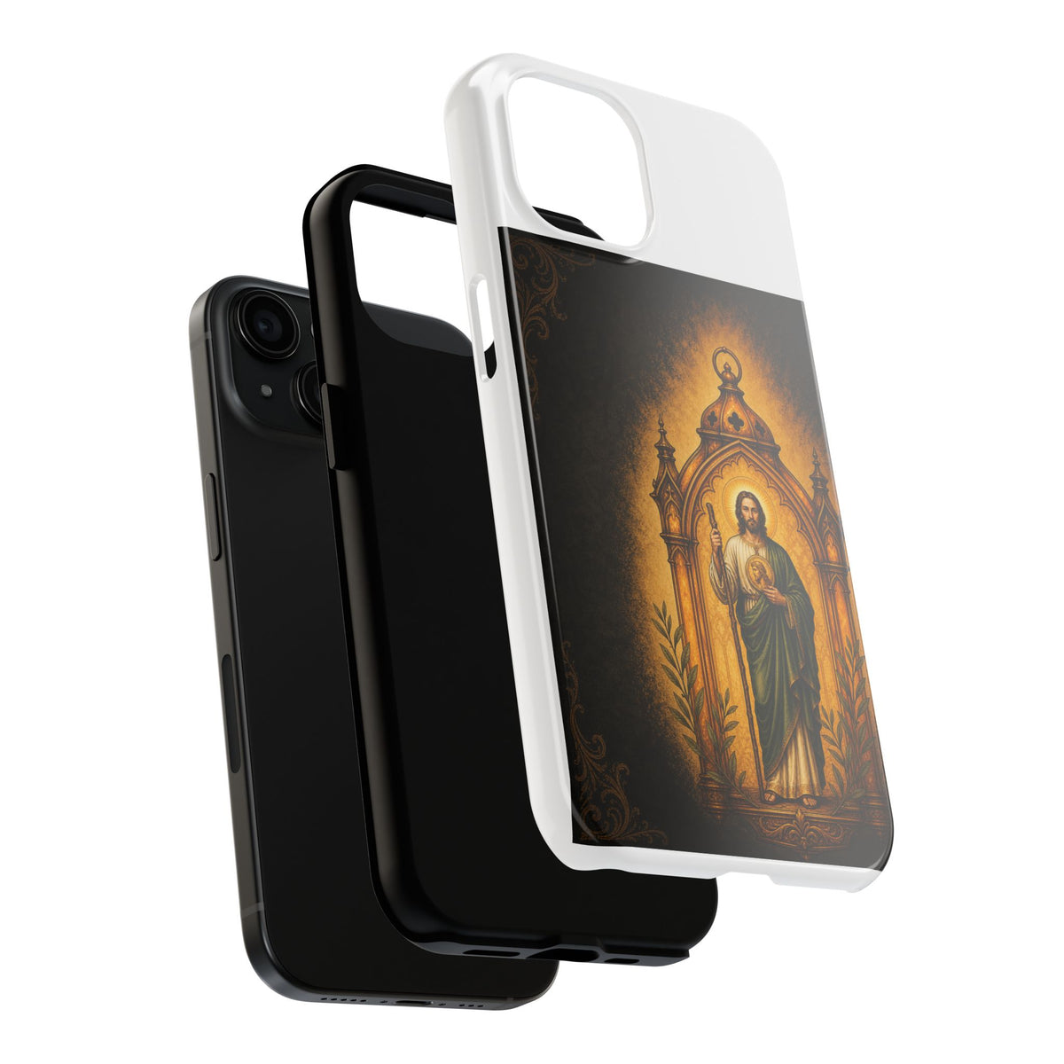 San Judas phone case with amber pilgrim lantern artwork, detail view 18