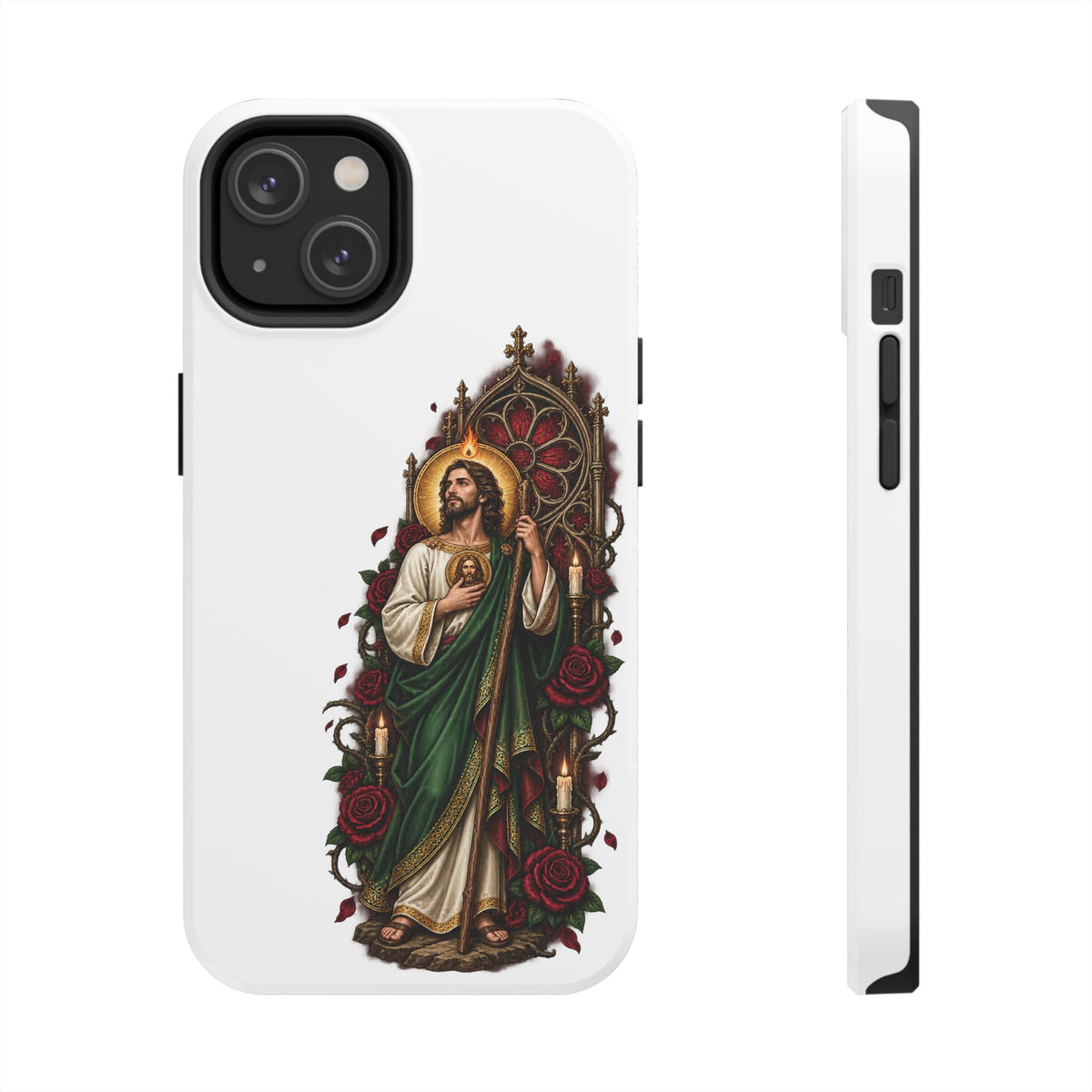 San Judas phone case with crimson rose window artwork, detail view 14