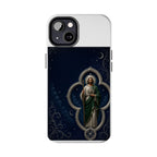San Judas phone case with silver moon quatrefoil artwork, detail view 11
