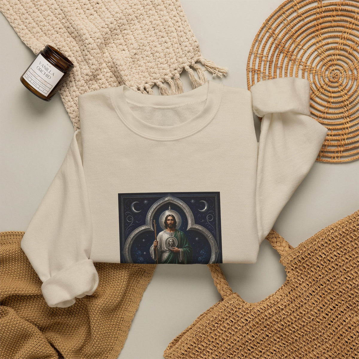San Judas Tadeo Silver Moon Quatrefoil Crewneck Sweatshirt