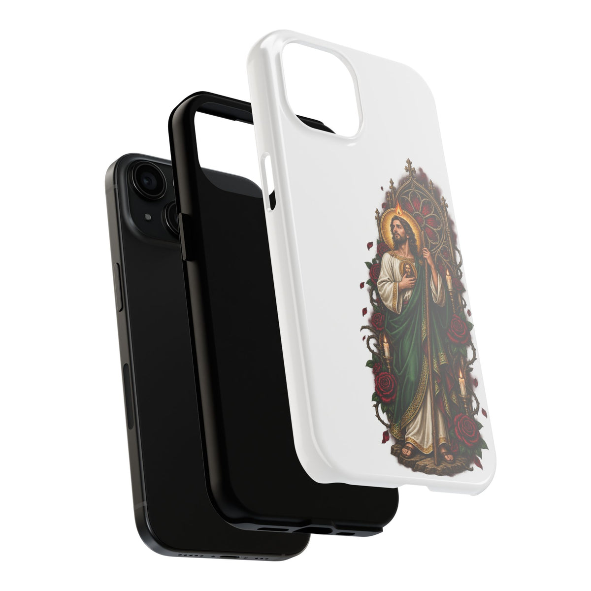San Judas phone case with crimson rose window artwork, detail view 18