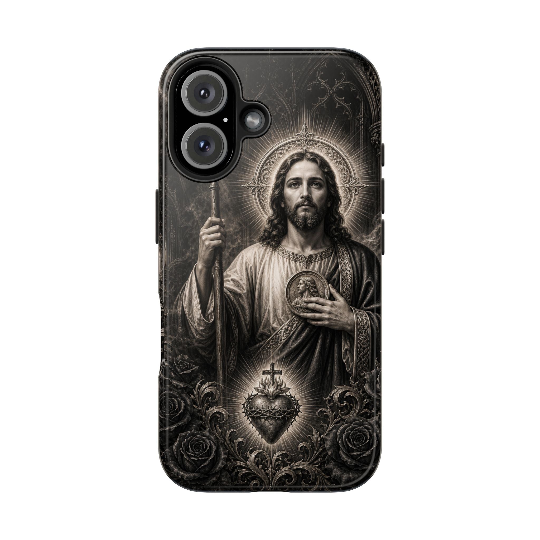 San Judas Tadeo black and grey Gothic cathedral tough iPhone case mockup