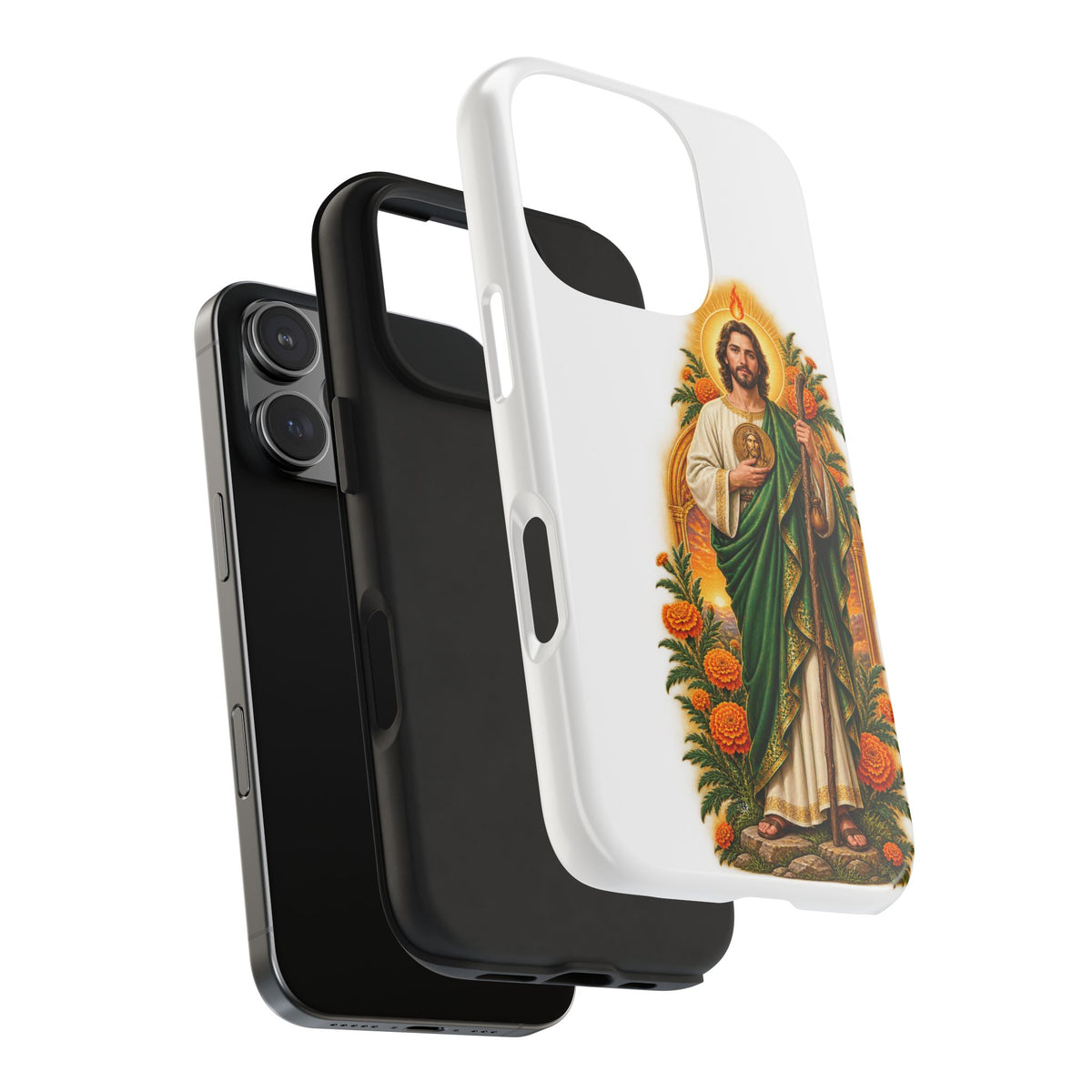 San Judas phone case with marigold sun arch artwork, detail view 23