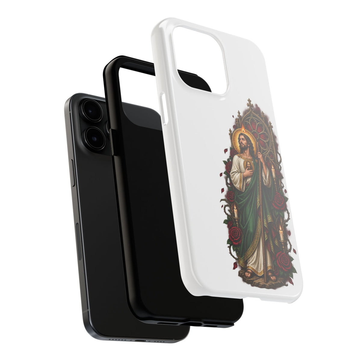 San Judas phone case with crimson rose window artwork, detail view 21