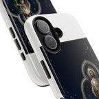 San Judas phone case with silver moon quatrefoil artwork, detail view 26