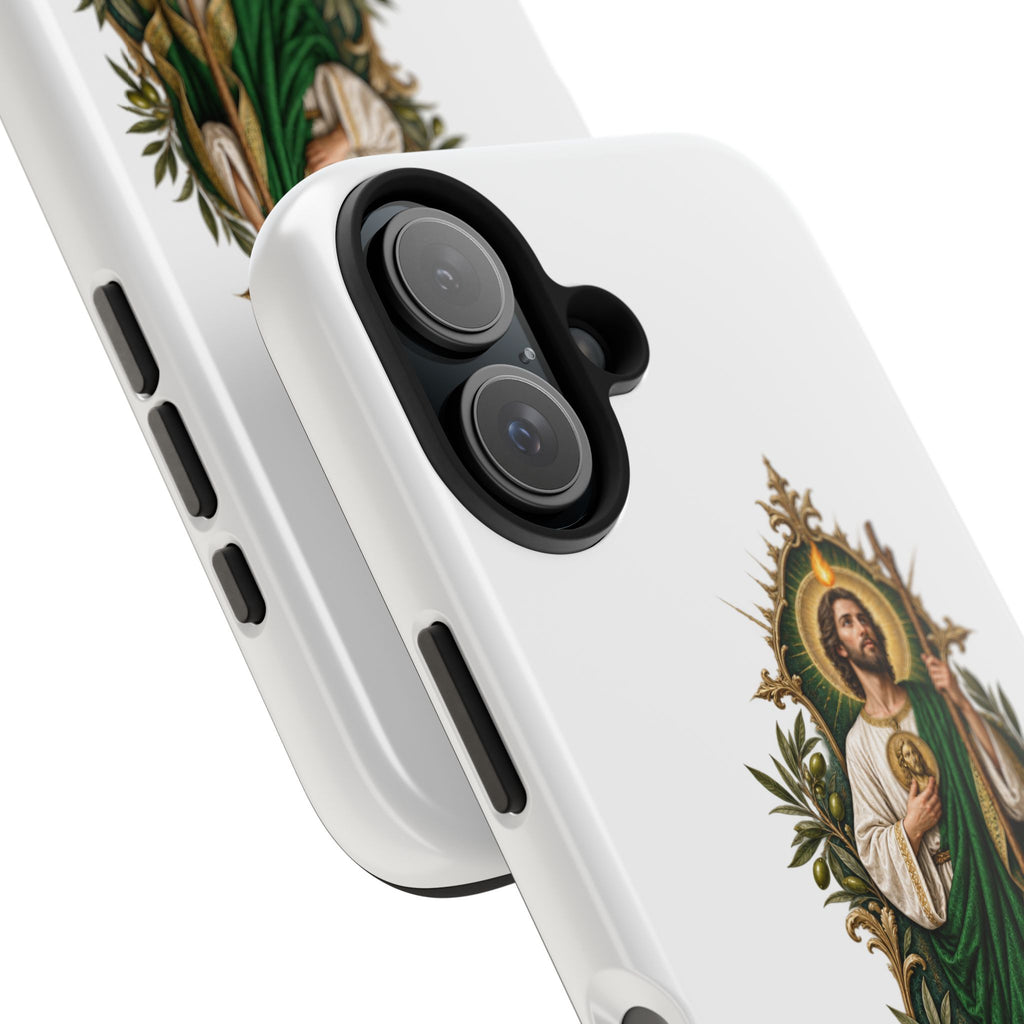 San Judas phone case with olive and antique gold reliquary artwork, detail view 26