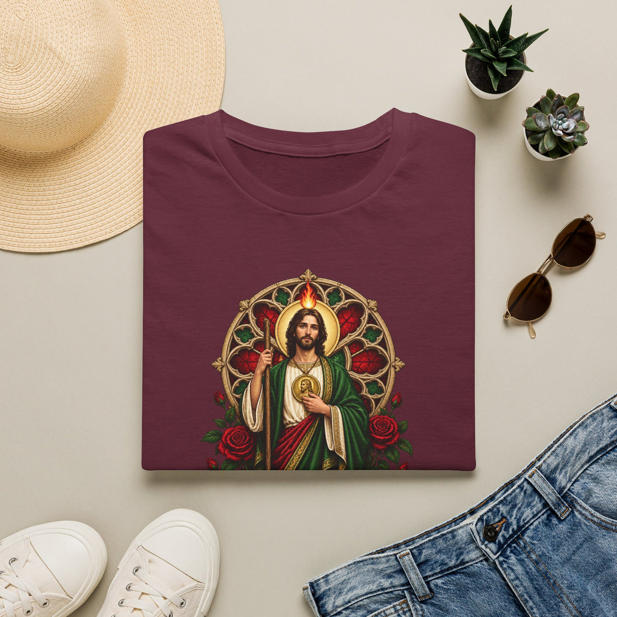 San Judas Tadeo Crimson Rose Window Unisex T-Shirt