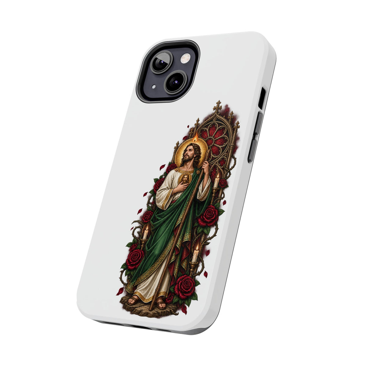 San Judas phone case with crimson rose window artwork, detail view 12