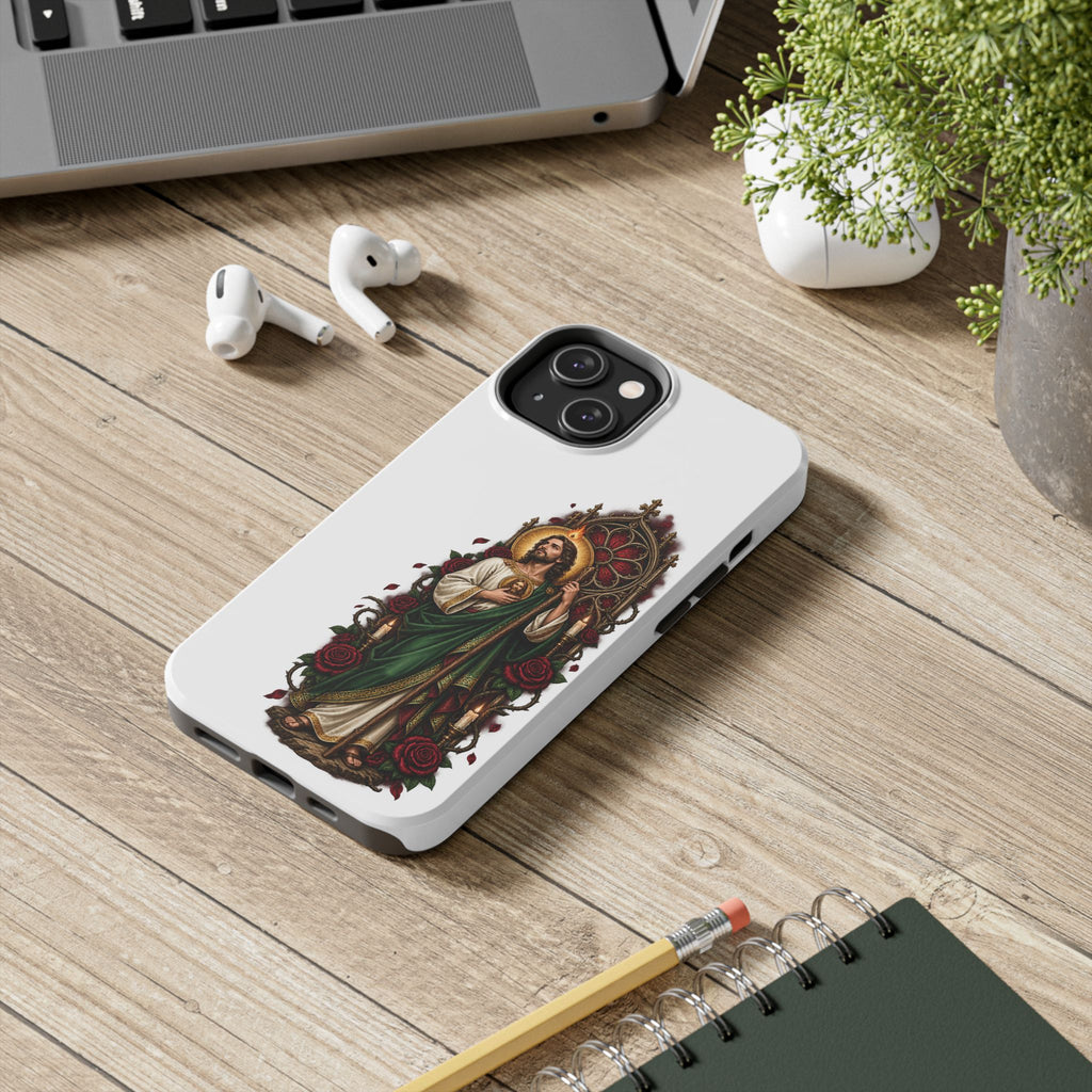 San Judas phone case with crimson rose window artwork, detail view 15