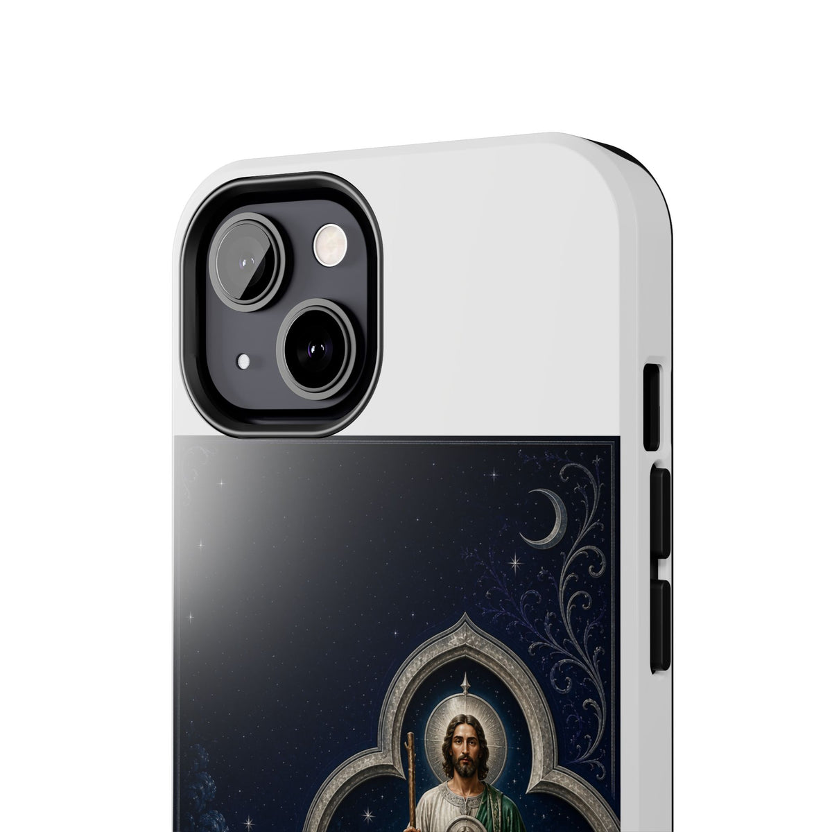 San Judas phone case with silver moon quatrefoil artwork, detail view 13