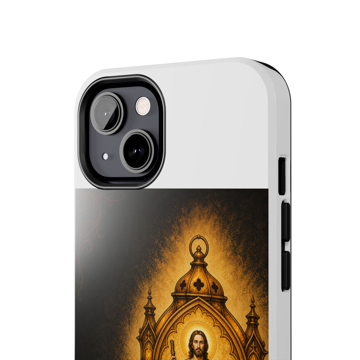 San Judas phone case with amber pilgrim lantern artwork, detail view 13