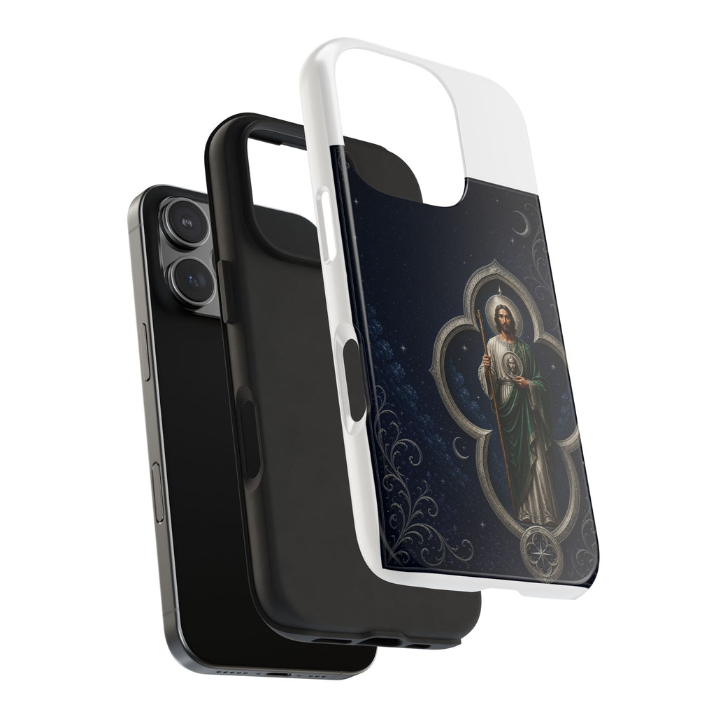San Judas phone case with silver moon quatrefoil artwork, detail view 23