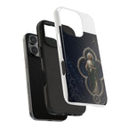 San Judas phone case with silver moon quatrefoil artwork, detail view 23