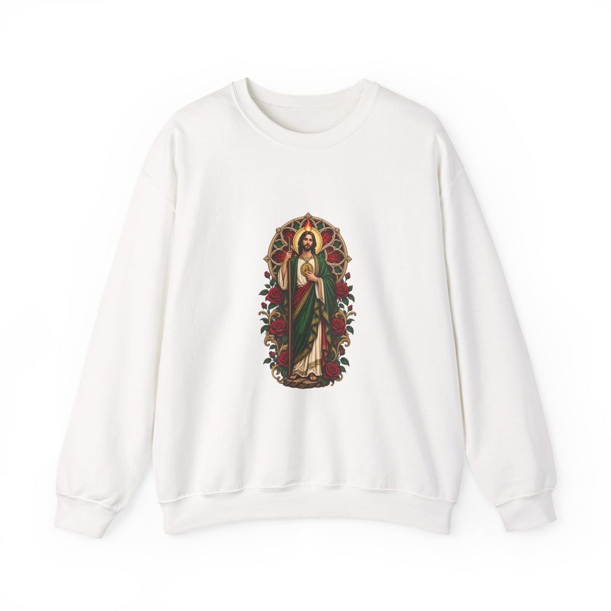 San Judas Tadeo Crimson Rose Window Crewneck Sweatshirt