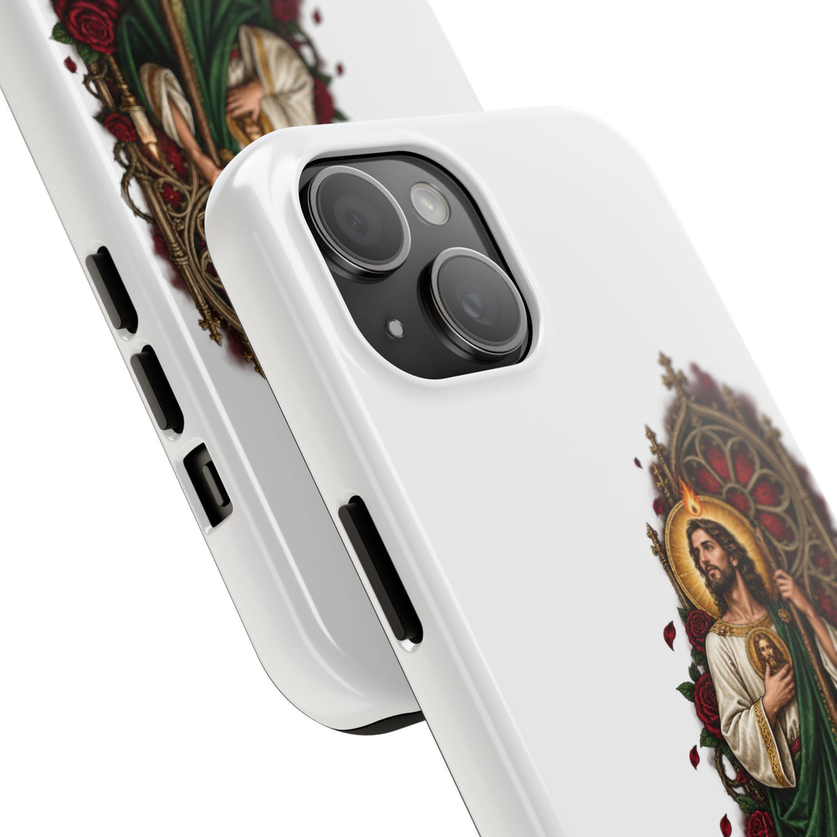 San Judas phone case with crimson rose window artwork, detail view 16