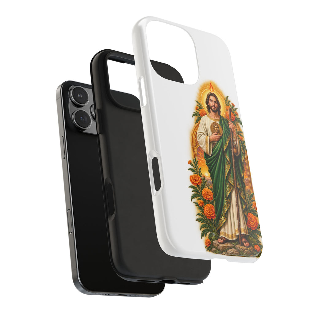San Judas phone case with marigold sun arch artwork, detail view 25