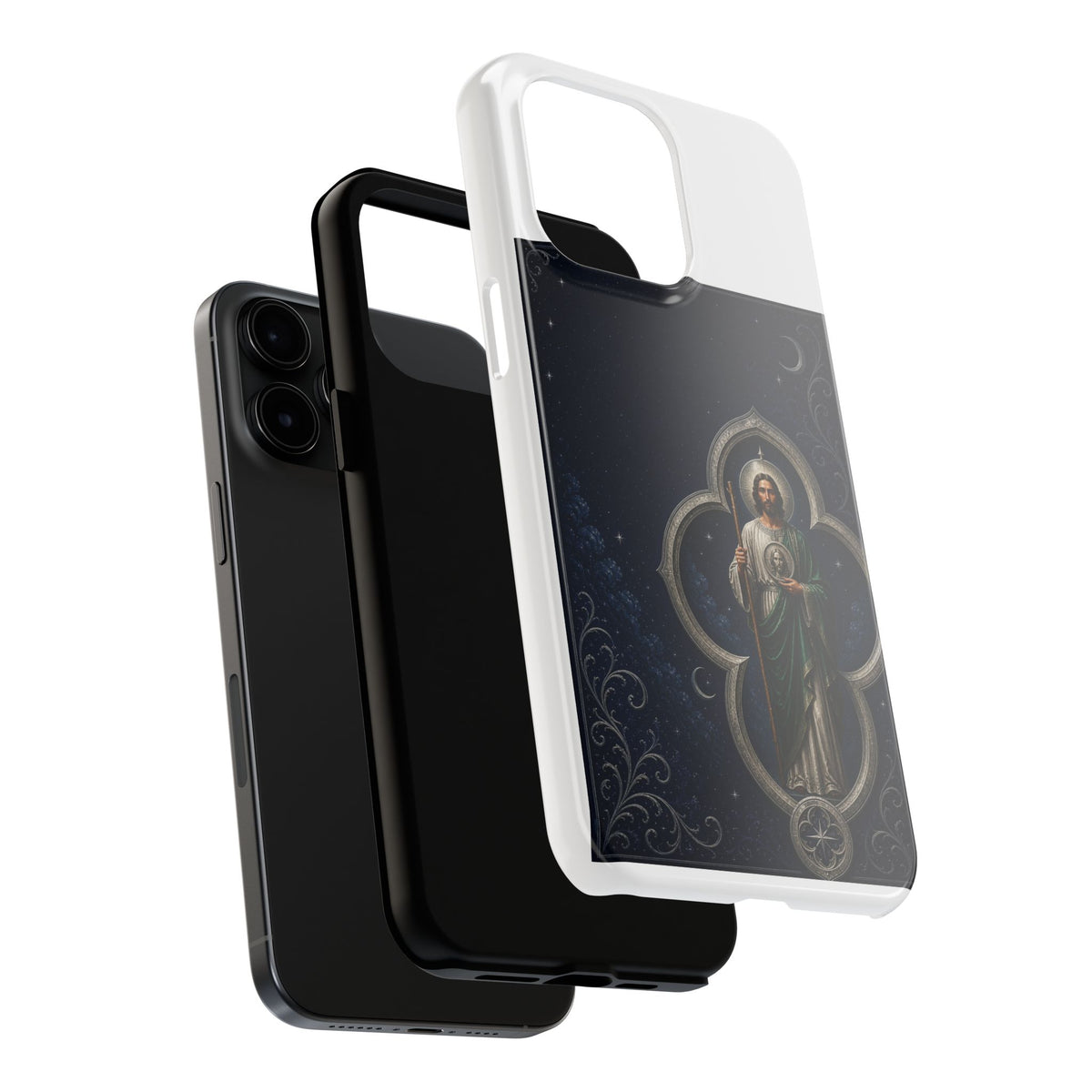 San Judas phone case with silver moon quatrefoil artwork, detail view 21