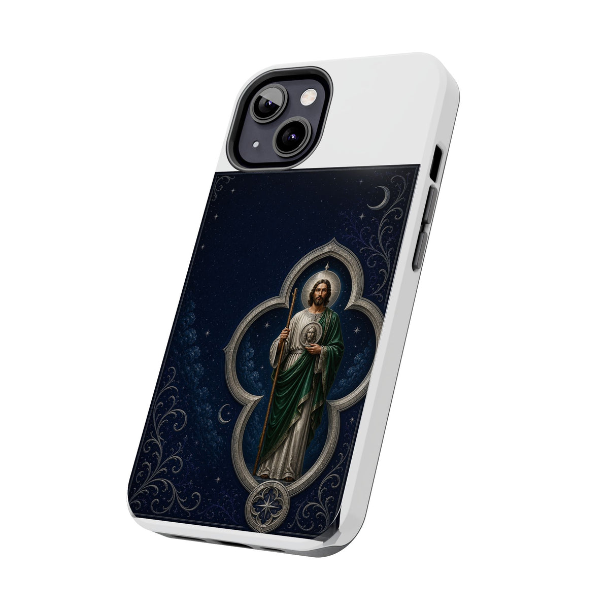 San Judas phone case with silver moon quatrefoil artwork, detail view 12