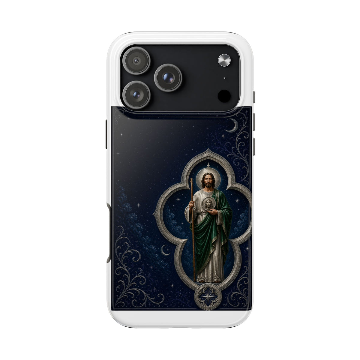 iPhone 17 Pro Max San Judas phone case with silver moon quatrefoil artwork