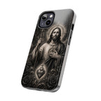 San Judas Tadeo black and grey Gothic cathedral tough iPhone case mockup