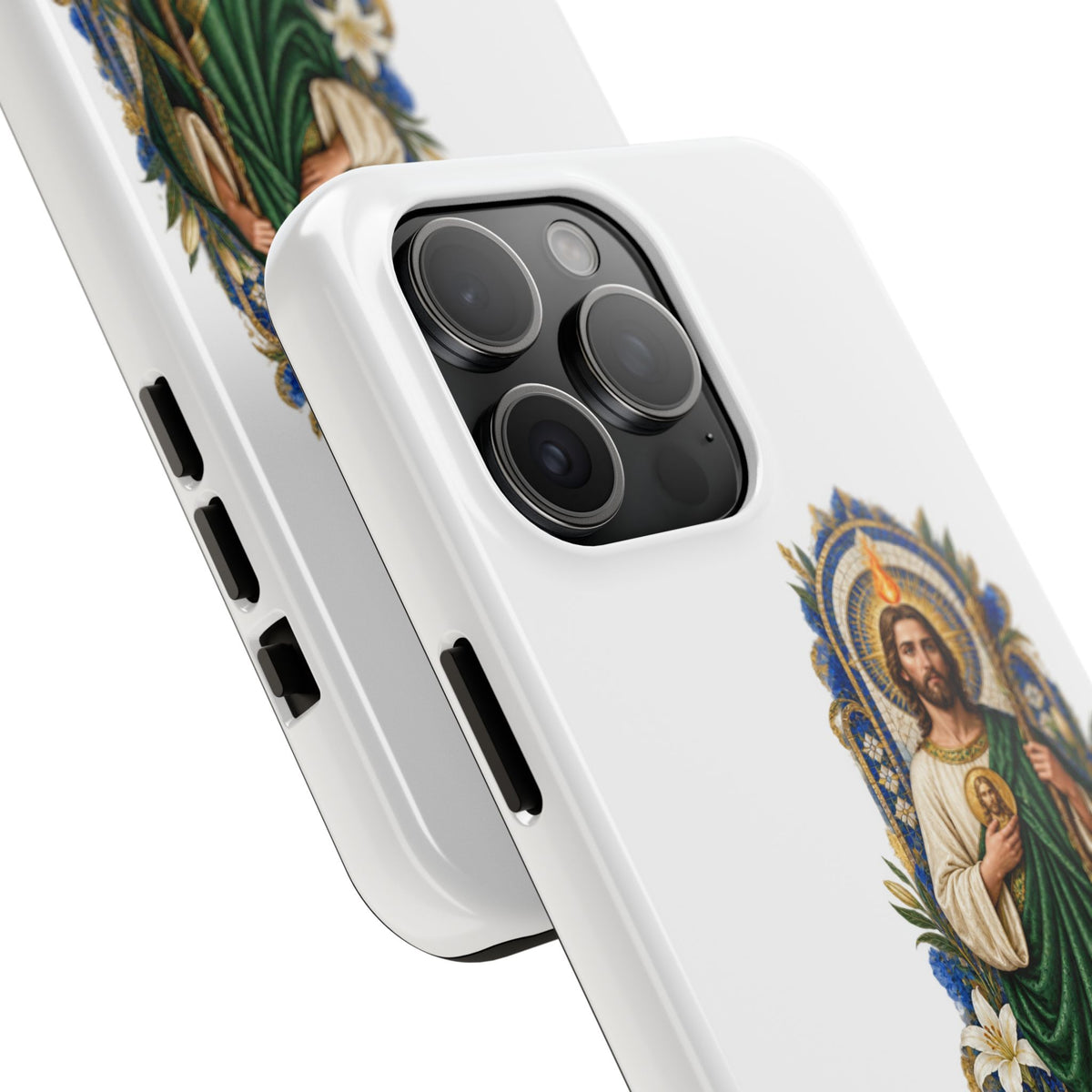 San Judas phone case with cobalt chapel mosaic artwork, detail view 19
