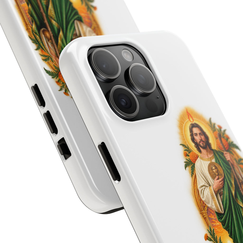 San Judas phone case with marigold sun arch artwork, detail view 19