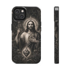 San Judas Tadeo black and grey Gothic cathedral tough iPhone case mockup