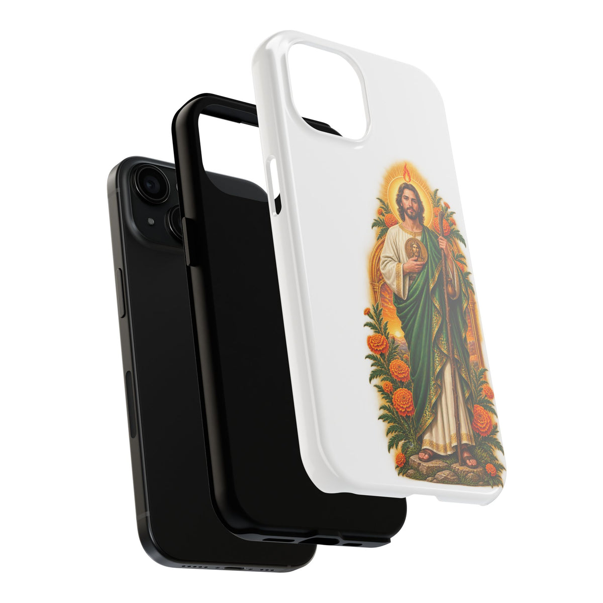 San Judas phone case with marigold sun arch artwork, detail view 18