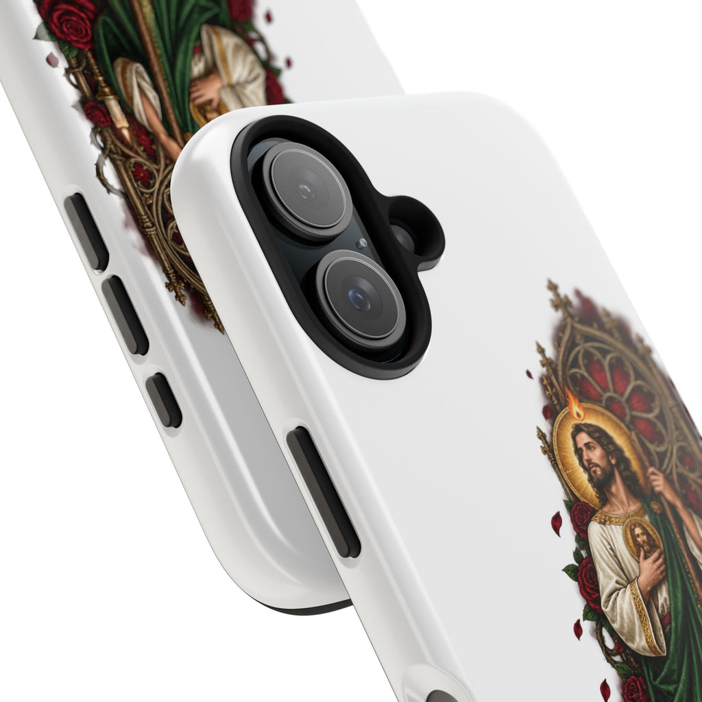 San Judas phone case with crimson rose window artwork, detail view 26