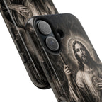 San Judas Tadeo black and grey Gothic cathedral tough iPhone case mockup